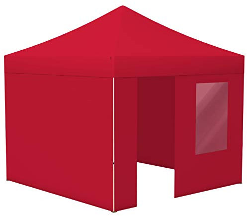 Vispronet® Faltpavillon Eco 3x3 m ✓ 4 Zeltwände (3 Vollwände, 1 Wand mit Tür & Fenster) ✓ Scherengittersystem ✓ inkl. Dach mit Volant (Rot)