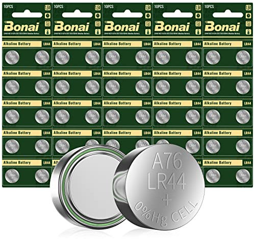 BONAI LR44 50 Stück 1.5V Knopfzellen AG13 Knopfbatterien Ohne Quecksilber Hochleistungs SR44 Alkaline Batterien (357 357A L1154 A76 GPA76)