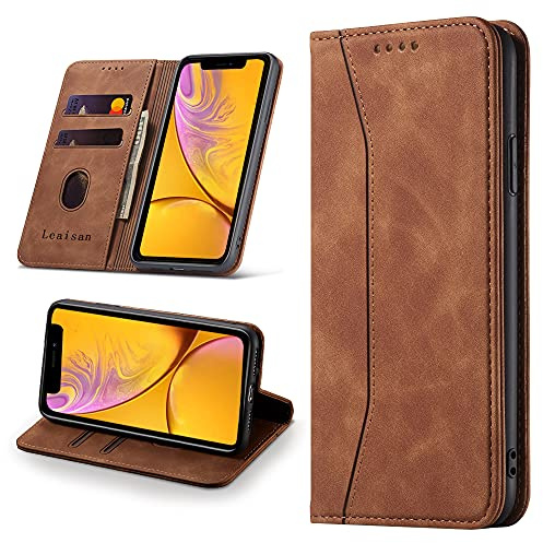 Leaisan Handyhülle für iPhone XR Hülle Premium Leder Flip Klappbare Stoßfeste Magnetische [Standfunktion] [Kartenfächern] Schutzhülle für iPhone XR Tasche - Braun