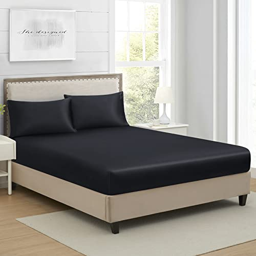 Twin Silk Satin Fitted Sheet, Soft Deep Pocket Single Bottom Bed Sheets Sold Separately, Wrinkle Free, Non- Fading, Breathable, Fully Elasticized(Twin Size, Black)