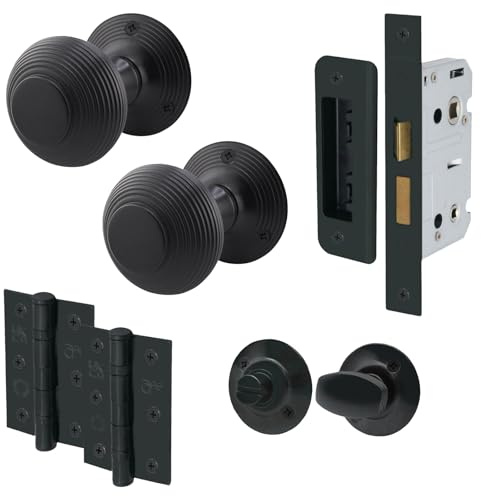 EAI Matt Black Door Knobs with Bathroom Lock 80mm and Hinges - Beehive | Complete Bathroom Kit with 1 Pair of Beehive Mortice 55mm Door Knobs, 80mm Bathroom Lock, 76mm Hinges, Fixings Included