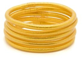 MAJALE - Pulseras Pan de Oro Mujer - Brazalete Dorado Brillante - Pulsera Budista Tibetana Kumlai Temple - Amuletos de Suerte, Protección - Regalos Originales para Mujer - (Pack de 5 - Talla S, ORO)