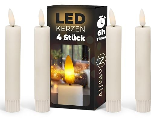 Novaliv 4X Stabkerze LED bewegliche Flamme Wachs - Echtwachs Weiß - Indoor - 12,5cm Höhe für 2,2cm Durchmesser / 2 AAA Batterien notwendig - Stabkerze LED für Adventskranz