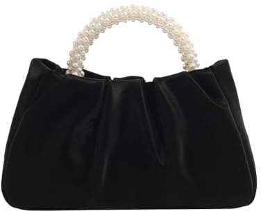Beatfull Evening Purse Women Small Pearl Handbags Soft Leather Ruched Bag Wedding Bridal Clutch Party Prom Crossbody Purses, Black