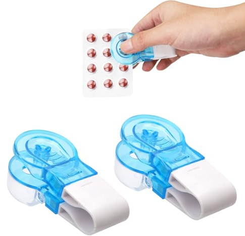 Pilulier Portable, 2 Pièces Ouvre Blister Pilules Sans Contact Facile à Retirer Portable Voyage Distributeur de Comprimés Extracteur de Pilules Outil pour Personnes Âgées Handicapées