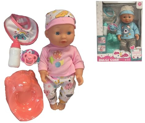 Bambola che Beve e fa Pipì con Vasino Biberon Ciuccio e Bavaglino Bambolotto cm 30 Dolci Cure Beve e fa Pipì come un Bambino Vero,Colori Assortiti Colore Casuale