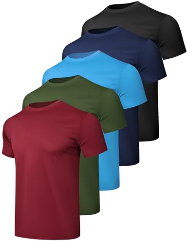 HovSiyla 5 Pack Workout Shirts for Men Athletic Running Gym Quick Dry Short Sleeve Performance Moisture Wicking T Shirt Black/Navy Blue/Azure/Burgundy/Army Green-M