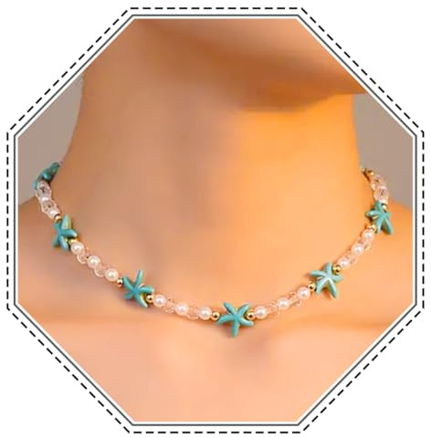 Jovono Boho Seestern Halsketten Perlen Glasperlen Choker Halsketten Strand Sommer Türkis Halskette Ketten für Frauen, Perlglas, Metall