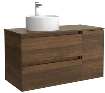 Salgar Mueble de Baño Bequia 90cm + Coqueta 1 Puerta Lado Reversible + Encimera + Lavabo posar| Nogal |90x45x56