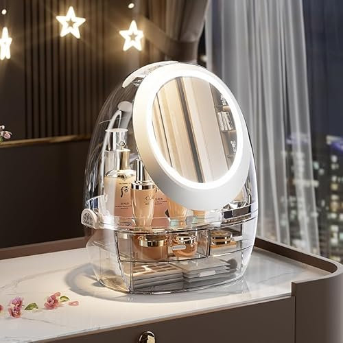 mumisuto Kosmetik Organizer mit 360° Drehbarer Spiegel, Tragbarer Schmink Organizer mit Griff, Multifunktion 3-lagiger Make Up Organizer für Dresser Schlafzimmer Badezimmer, Transparente