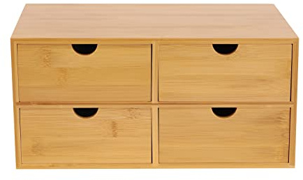Bamboo Desk Organizer, mit 4 Schubladen für Büroutensilien Bambus Schubladenbox, 33 * 19 * 16cm für Aufbewahrung von Schreibwaren Dokumenten Kosmetika
