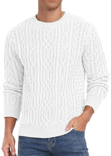 Hisir Maglione da uomo, lavorato a maglia intrecciata, con girocollo, a maniche lunghe, invernale, bianco, L