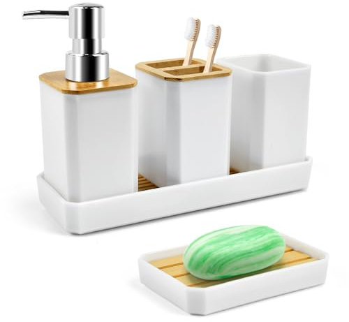ADERTOS 5 Pièces Ensemble d'Accessoires de Salle de Bain Accessoire pour Salle de Bain en Bambou avec Bouteilles de Lotion, Porte-Brosse à Dents, Gobelet à Dents, Porte-Savon, Plateau (Blanc)