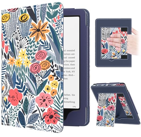 MoKo Hülle für 7/6,8 Kindle Paperwhite 12./11. Gen. 2024/2021 | Blaue Blattröschen,Kompatibel mit Kindle Colorsoft Signature Edition, schlanke PU-Hülle, Auto Schlaf/Aufwach