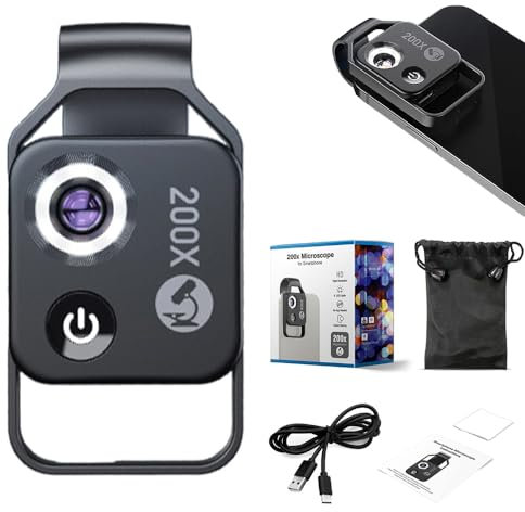 Zoom 200x pour iPhone, 2025 - Grossissement 200x avec objectif CPL, 3 en 1 portable smartphone HD microscope - Fixation d'objectif pour iPhone et Android - Noir