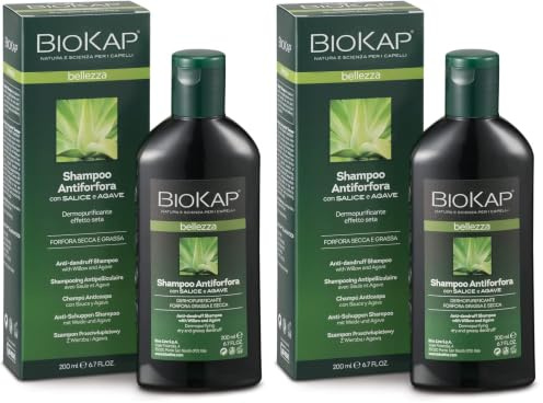 BIOKAP Shampoo Antiforfora, Shampoo Capelli Con Salice e Agave, Dermopurificante Effetto Seta, Purifica la Cute, 200 ml (Confezione da 2)
