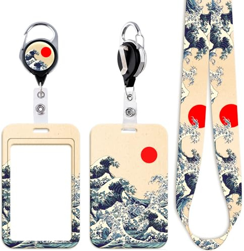 Juanooo Sea Wave - Cordino identificativo per carta d'identità con porta carte di credito, portachiavi retrattile, porta badge identificativo, clip per bobina, cordino per collo, per spiaggia, donne