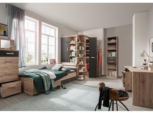 Lomadox Jugendzimmer Set 8-teilig mit Bett 90x200 cm in Eiche mit Graphit, inkl. Hochkommode, Bettschubkästen, Eckkleiderschrank, Garderobenstange, Standregal, Schreibtisch, Rollcontainer