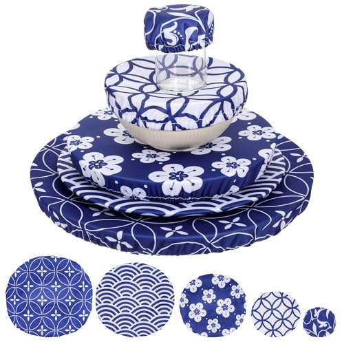 5 Pcs Bowl Covers Reusable in 5 Sizes- Elastic Lids for Proofing and Freshness, Stretchable Cloth Fabric Bowl Covers for Food Storage, Bread, Sourdough, Fruits and Leftovers(Blue)