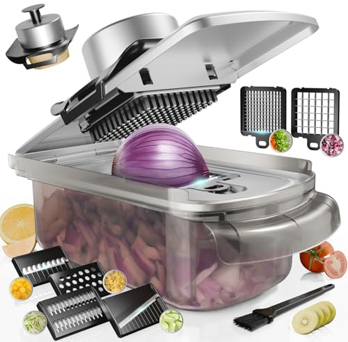 Coupe Légumes, Mandoline Multifonction en acier inoxydable 9 en 1, Coupe d'aliments pour la cuisine, Coupe Oignon et Découpe Professionnelle de salade, Coupe de carotte et d'ail, Oignon et fruits