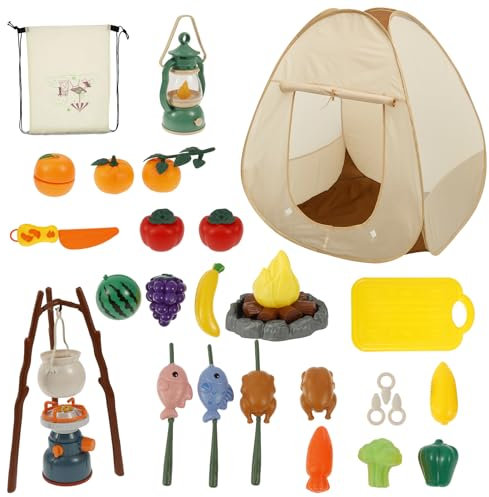 Kids Pretend Play Set, Kids Camping Set Include Pop Up Tent, BBQ Grill, Campfire, Music Oil Lamp, Stove, Cooking Utensils and Play Food Toddler Camping Gear Kit Xmas Gift for Boys Girls(34pcs)