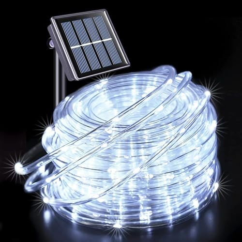 Solar LED Lichterkette Außen, IP65 Wasserdicht Lichtschlauch mit 8 Beleuchtungsmodi, 12m/39.4ft 100LEDs Seil Lichterkette, Solar Dekoration Lichter für Terrasse, Garten, Baum, Party (Weiß)