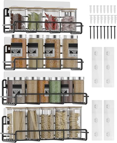 OUUTMEE 4er-Pack Gewürzregal Wand,Küchen Organizer Wand,Wandregal Ohne Bohren Küchenutensilienhalter,Gewürzregal Wand Schwarz