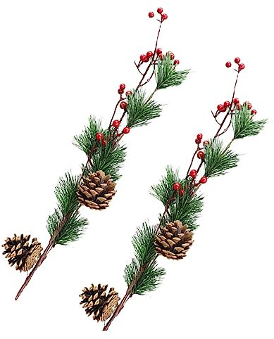 MAGICLULU 2 Stück Simulierte Rotbohnenkiefernzweige Weihnachten Kiefernkegel Picks Für Handwerk Gefälschter Tannenzapfenstiel Künstliche Beerenzweige Plastik