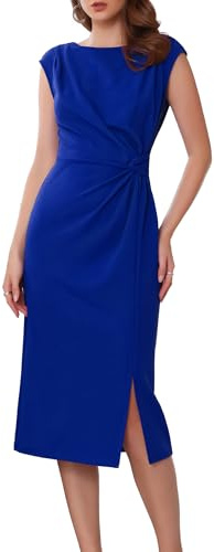 WOMLAYOUT Donna Abito Tubino Formale con Scollo a Barca Arricciato Maniche a Cappuccio Elegante Abito da Lavoro e Ufficio Blu Reale XL