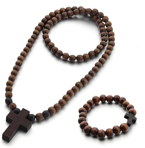 ZAHD 2PCS Herren Halskette im Vintage Stil Perlen Rosenkranz holzkreuz kette rosenkranz kette Rosenkranz zur Kommunion mit Retro Kreuz zum Tragen und Dekorieren des Autos verwendet werden