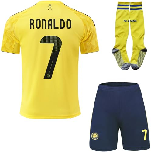 metekoc NASSR Riyadh Al 2025/2026 Heim #7 Football Fußball Kinder Trikot Shorts Socken Geschenk Set Jugendgrößen (Gelb/Blau,24)