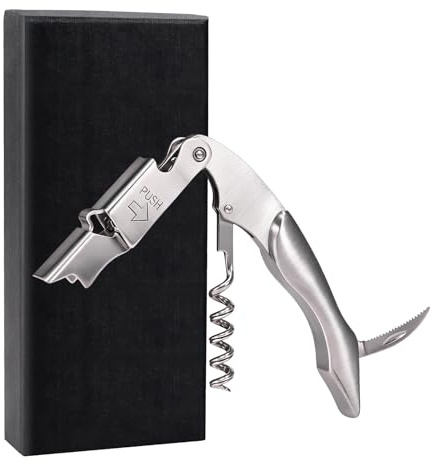 Wine Opener, Wine key, Corkscrew, Wine Bottle Opener w/Foil Cutter and Cap Remover for Servers, Bartenders, Waiters, Sommelier, Wine lover (Stainless steel, Standard)