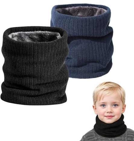 SEFIRST 2 Pcs Winter Neck Warmer Fleece Snoods, Scarf Thicken Windproof and Dust Skiing Knitted for kids Boys Girls, Thermal Snood Neck Gaiters for Cycling Outdoor Sports Skiing (Black, Blue) ﻿