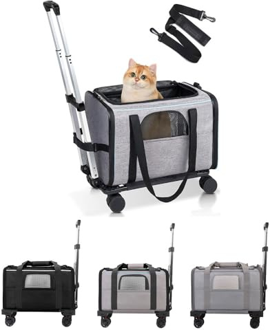 Topiky Faltbarer Haustiertransporter, Trolley-Tasche, Praktischer Hundetransporter mit Rollen für Katzen, mit Teleskopgriff Zum Einfachen Bewegen, Geeignet für Verschiedene Haustiere und (Grau mit