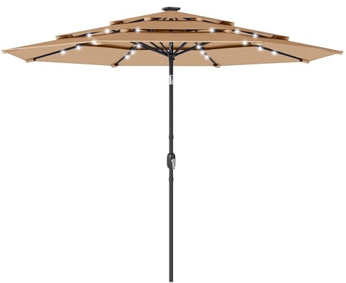 Outsunny 2.8 m Garden Parasol Umbrella with LED Solar Light, Parasol Cover, 3 Tier Outdoor Table Market Patio Umbrella Sun Shade with Tilt and Crank, 8 Ribs, Khaki