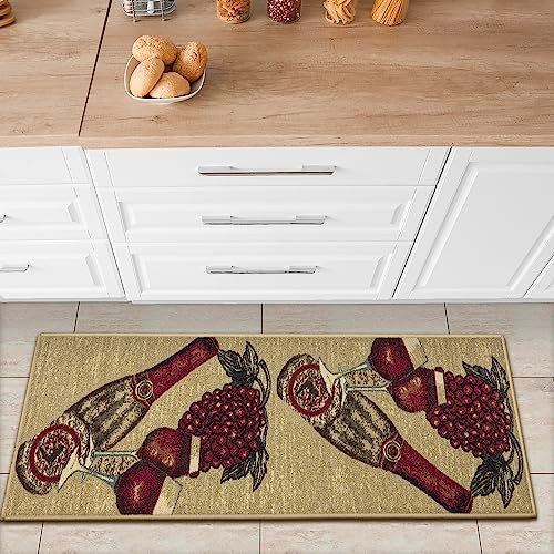 Ottomanson Tapis de couloir collection Siesta Kitchen dos en caoutchouc motif vin 50 cm x 150 cm beige