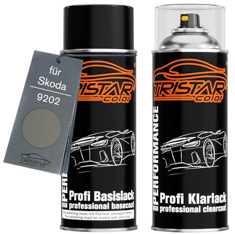 TRISTARcolor Autolack Spraydosen Set für Skoda 9202 Cappuccino Beige Metallic/Bezova Metallic Basislack Klarlack Sprühdose 400ml