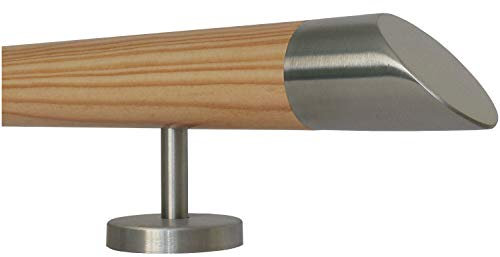 TIBU Lärche Holz Handlauf Geländer 30-500 cm Wandhandlaf Treppe Wand mit Edelstahl Halter, Länge 60 cm mit 2 Halter und Enden schräges Edelstahlendstück