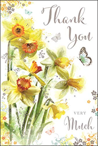 Stunning Artistic Thank You Card (JJ-SG88) - Daffodils and Butterflies - Beautiful Foil, Flitter and Embossed Finish - Greeting Card for Any Recipient From the Secret Garden Range