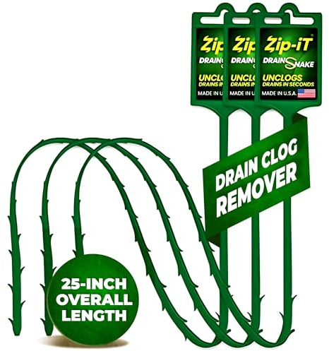 The original Zip-It Hair Clog Remover 25-inch Overall Length Drain Snake Cleaner (3-Pack), Unclog Your Sink, Shower, & Tub Drain In Seconds – Non-toxic, Made in the USA