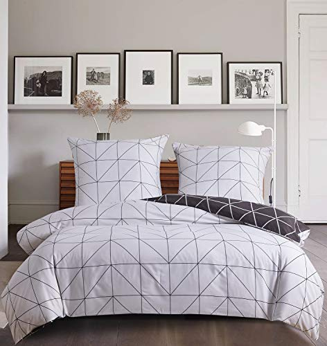 Gezu Sets de Housse de Couette 200x200cm a Carreaux Géométrique Gris et Blanc Réversible Parure de Lit 2 Personnes Microfibre avec 2 Taie d'oreiller 65x65cm avec Fermeture Éclair