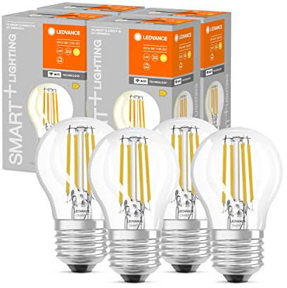 LEDVANCE Ampoule LED intelligente avec Wifi, E27, gradable, blanc chaud(2700K), forme de goutte d'eau, filament clair, remplace les ampoules de 40W, contrôlable avec Alexa, Google et App, paquet de 4