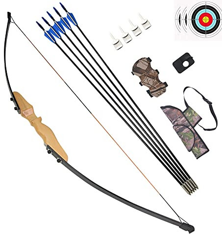 ZSHJGJR 30/40 lbs Bogen und Pfeil Set Bogenschießen Erwachsene Anfänger Holzgriff Langbogen Recurvebogen mit Zubehör zum Bogenschießen (40lbs, Gelb)