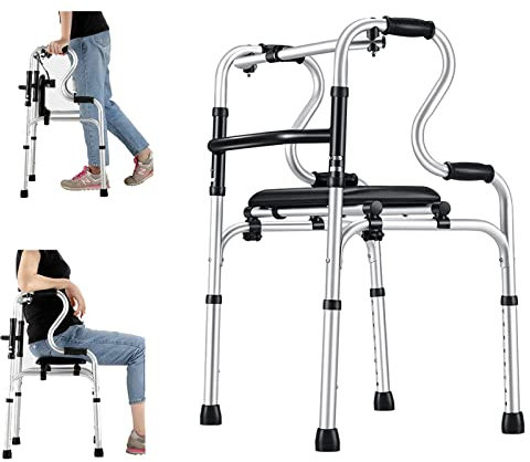 Ayuda para Caminar Plegable con Asiento para Ancianos/discapacitados Aluminio portátil Sin Ruedas Andador Altura Ajustable Andadores para Personas Altura 1.4-1.8m / 4.6-5.9ft Double The Comfort