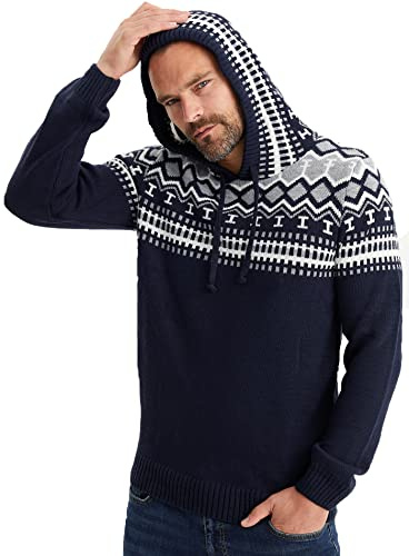 Leif Nelson Pull-over norvégien pour hommes - Pull en tricot avec capuche pour hommes, bleu, L