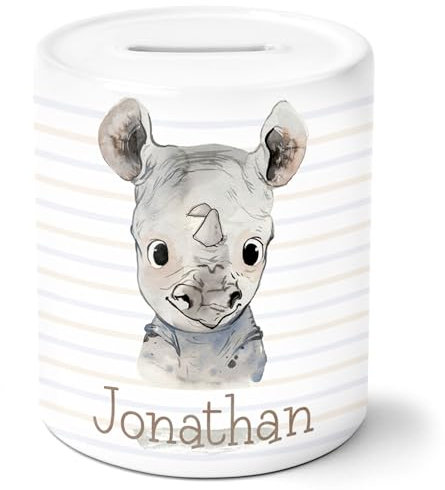 timalo® Spardose personalisiert mit Namen | Personalisierbares Geschenk Sparschwein für Kinder Keramik Geschenkidee | Nashorn spardose-t-7