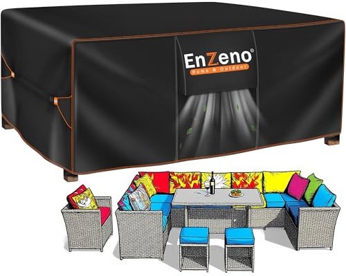 Enzeno Loungemöbler, skydd 200 x 200 x 90 cm, vattentätt presenning trädgårdsmöbler, 420D oxfordtyg, loungeskydd, L-form, loungeskydd med luftutlopp för bord och stolar, rottingmöbler