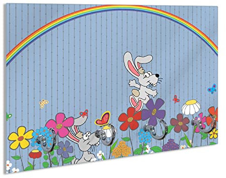 Wallario Schlüsselbrett aus Glas 30 x 20 cm, Wand Schlüsselhalter mit 4 Haken, Motiv: Süße Hasen unter einem Regenbogen