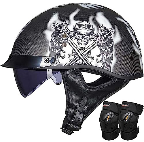 WYXAXNM Halbschalenhelm mit ECE, Jethelm Retro, Chopper Helm, Scooter-Helm, Fahrradhelm, Kohlefaser Motorradhelm mit Faltbar Sonnenbrille und Knieschützer für Damen Herren Erwachsene,B-M(55~56cm)
