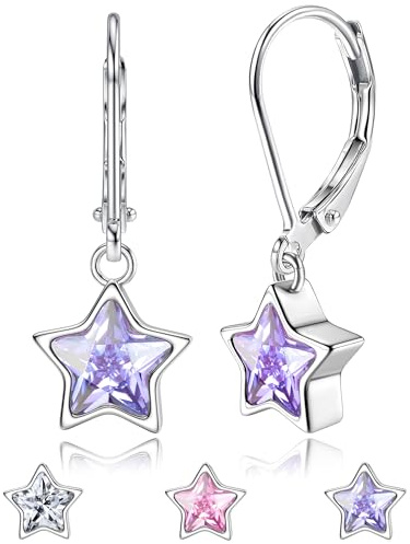 JeweBella Boucles d'oreilles Pendantes en Argent 925 pour Femmes Enfant Filles Hypoallergénique Boucles d'oreilles Créoles avec Étoile Zircone Cubique Pendentif Boucles d'oreilles Violet Blanc Rose